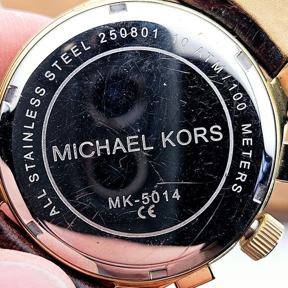 Michael Kors Women's Gold Tone Multi Dial Glitz Watch Brown Leather Band MK-5014 - Picture 6 of 7